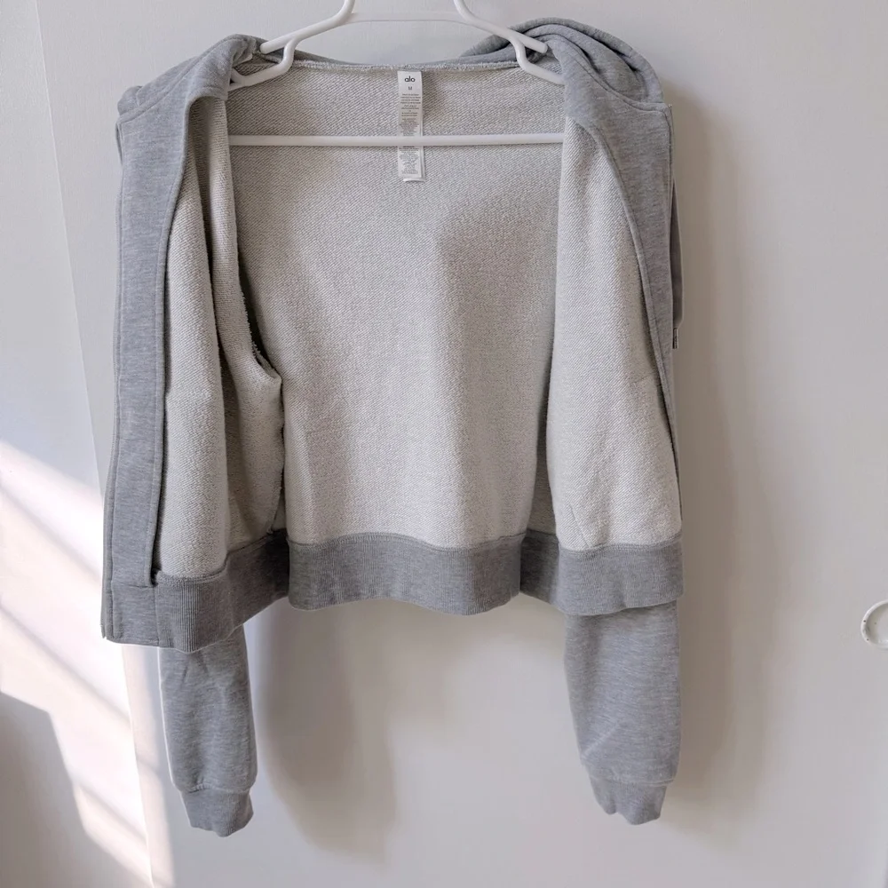 ALO Yoga Routine Cropped Zip Hoodie Jacket in Athletic Heather Grey - Picture 11 of 13